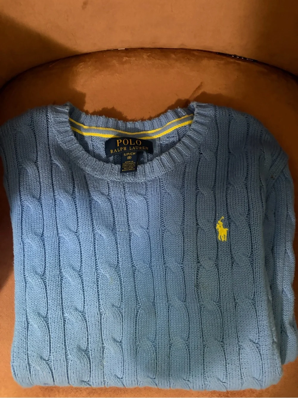 Ralph Lauren Light Blue Cable Knit Sweater with Yellow Pony Logo